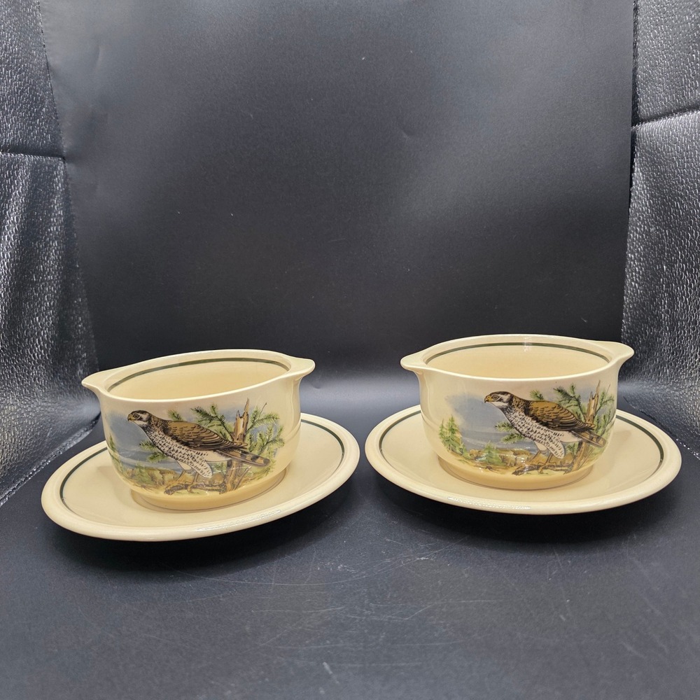 Vintage CP Colditz GDR East Germany Bird Hawk Soup Bowls and Saucers Set of 2 - Picture 2 of 16